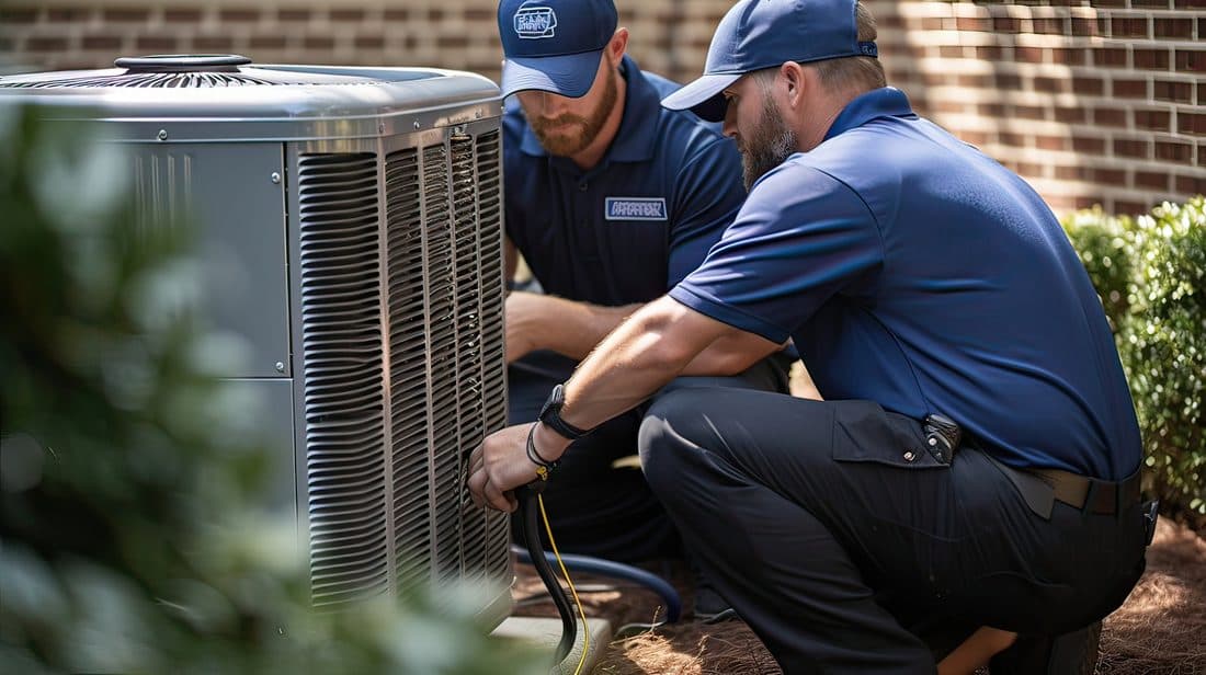 HVAC technicians servicing an outdoor unit